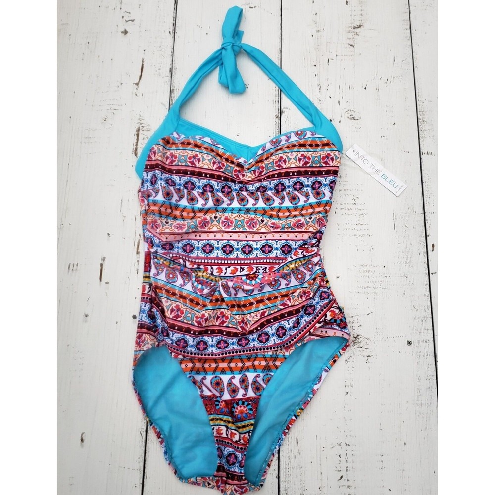 Into The Bleu by Amerex Multicolor One-Piece Halter Swimsuit Women's Size 8 NEW - Picture 1 of 5